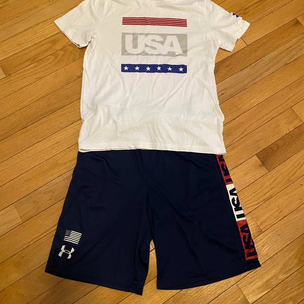 Under Armour White USA Graphic Tee with Navy Athletic Shorts